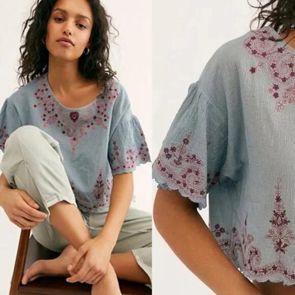 Free People Tops - Free People S Adriana Woven Tee chambray embroidered top Cropped Blouse